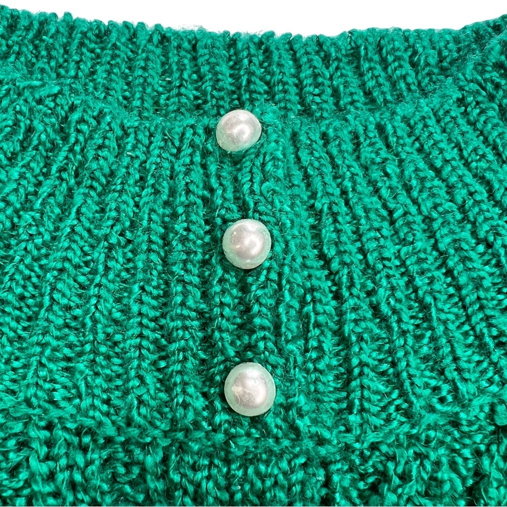 Vintage Cable Knit Sweater Faux Pearl Tall Collar Miranda Emerald Green Medium M - Picture 7 of 17